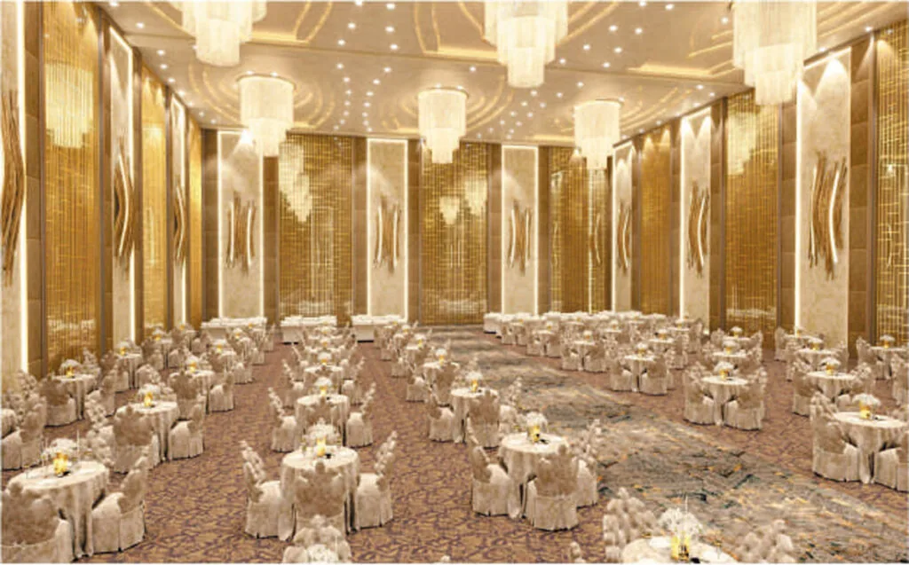 Luxury banquet hall with chandeliers at Anamore Resort, Pushkar