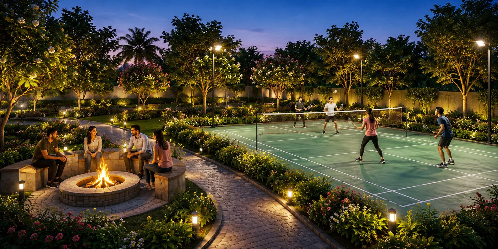 Badminton court and landscaped seating area at Chiranjivi Vatika, Ajmer