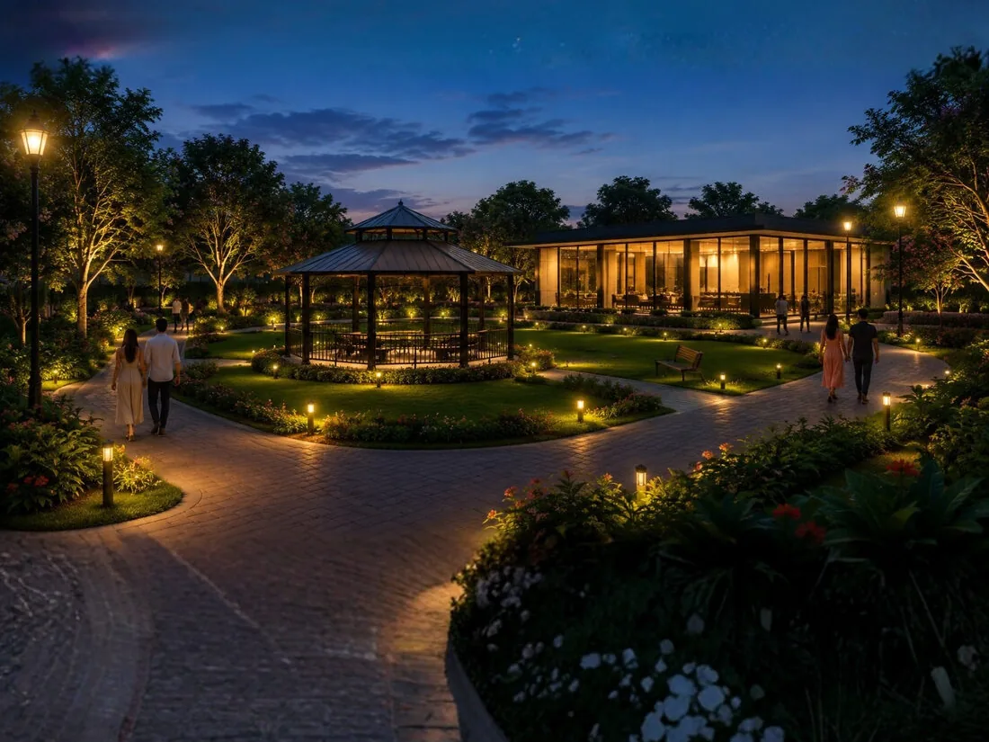 Clubhouse, gazebo and landscaped lawn at Chiranjivi Vatika, Ajmer