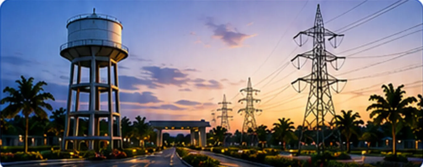 Water tank, power lines and solar-lit internal road infrastructure at Chiranjivi Vatika