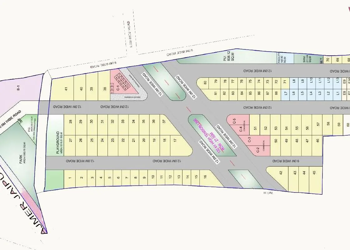 Chiranjivi Vatika master plan showing residential plots, commercial areas, parks and internal roads