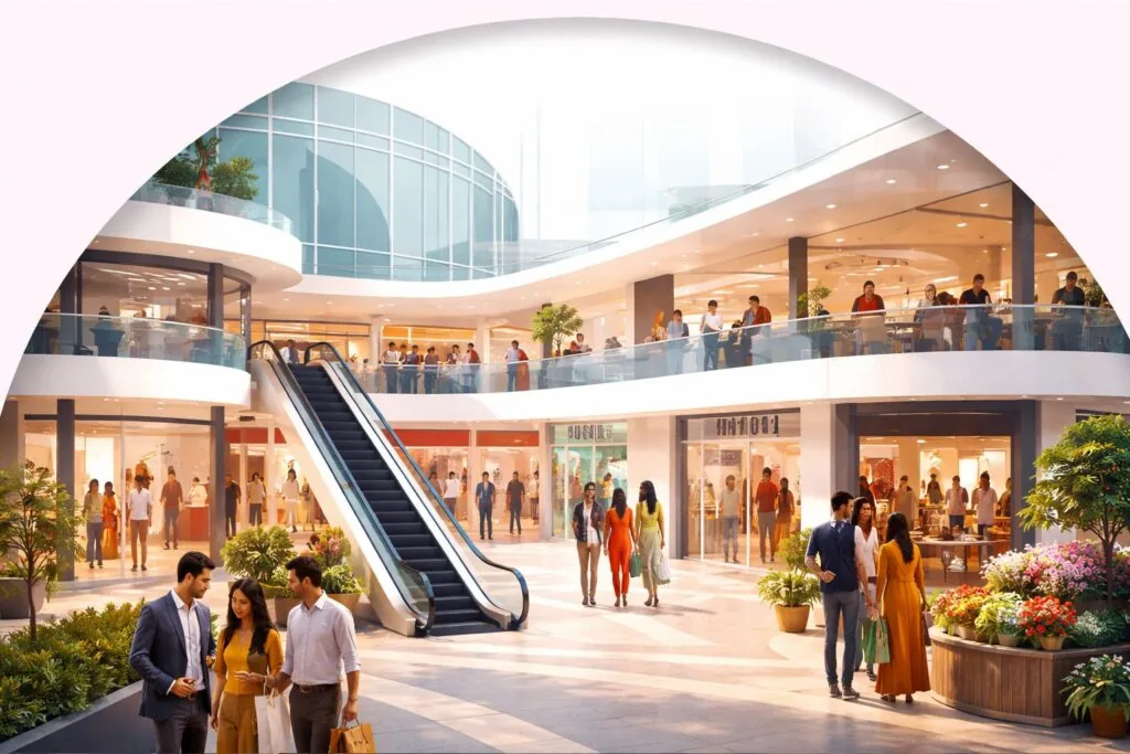 Rosium Hub commercial space interior concept with retail outlets, Kishangarh