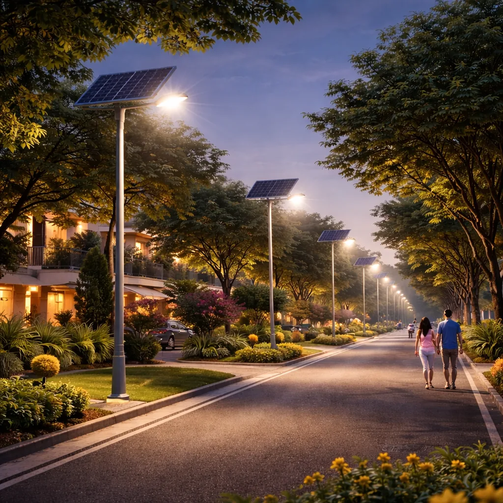 Solar street lighting along tree-lined roads at The World City