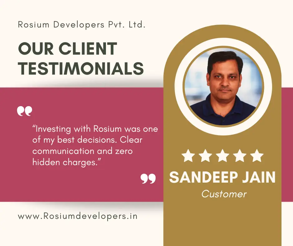 Client testimonial by Sanddep Jain praising Rosium Developers for clear communication and zero hidden charges
