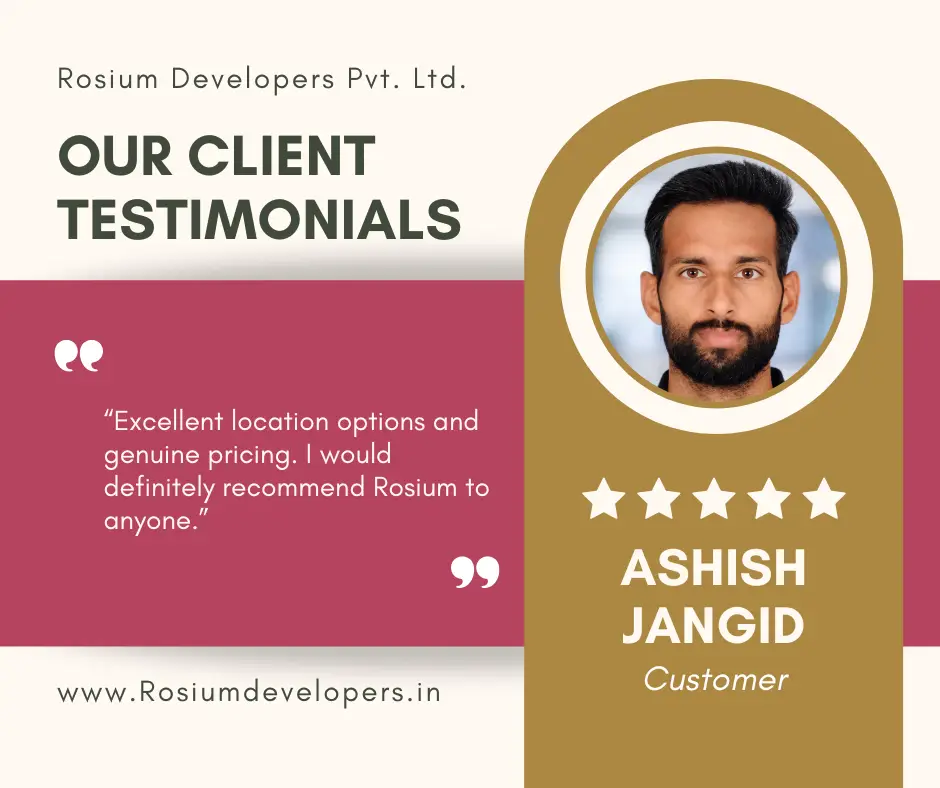 Client testimonial by Anil Jain praising Rosium Developers for excellent location options and genuine pricing